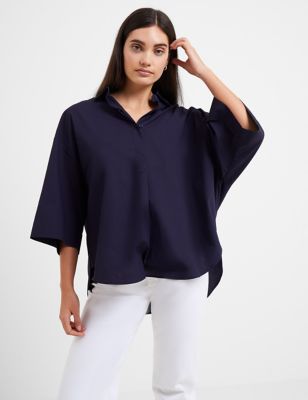 French Connection Women's Pure Cotton Collared Relaxed Popover Shirt - XS - Blue, Blue