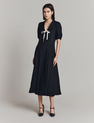Ghost Womens Collared Tie Detail Midaxi Tea Dress - Black, Black,Mid Blue