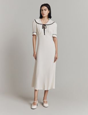 Ghost Womens Satin Tie Neck Midi Tea Dress - XS - Ivory, Ivory