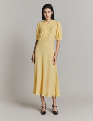 Ghost Womens High Neck Button Detail Midaxi Tea Dress - XS - Yellow, Yellow,Light Blue