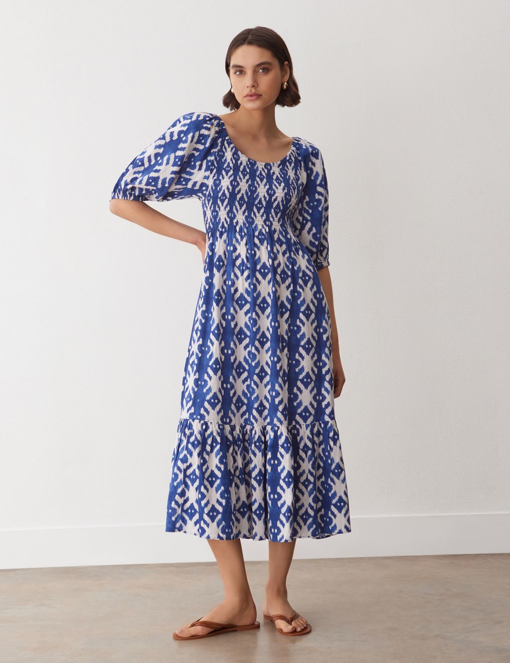 Linen Rich Printed Shirred Midi Tiered Dress