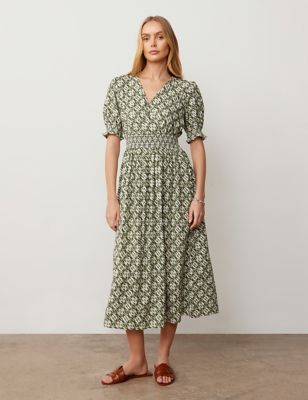 Finery London Womens Linen Blend Printed V-Neck Midaxi Waisted Dress - 8 - Green Mix, Green Mix