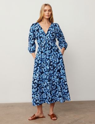 Finery London Womens Linen Blend Floral V-Neck Midaxi Smock Dress - 10 - Blue Mix, Blue Mix