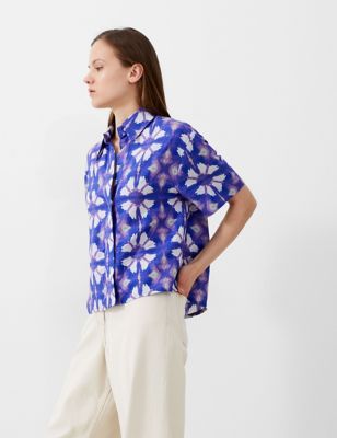 French Connection Women's Linen Blend Tie Dye Collared Shirt - Blue Mix, Blue Mix