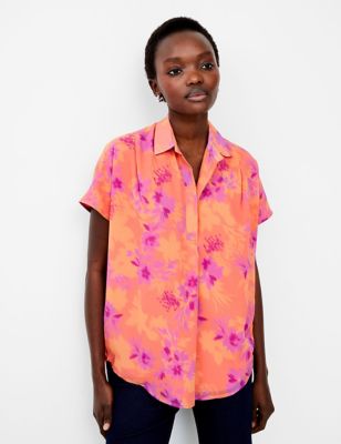 French Connection Womens Floral Collared Popover Shirt - Orange Mix, Orange Mix