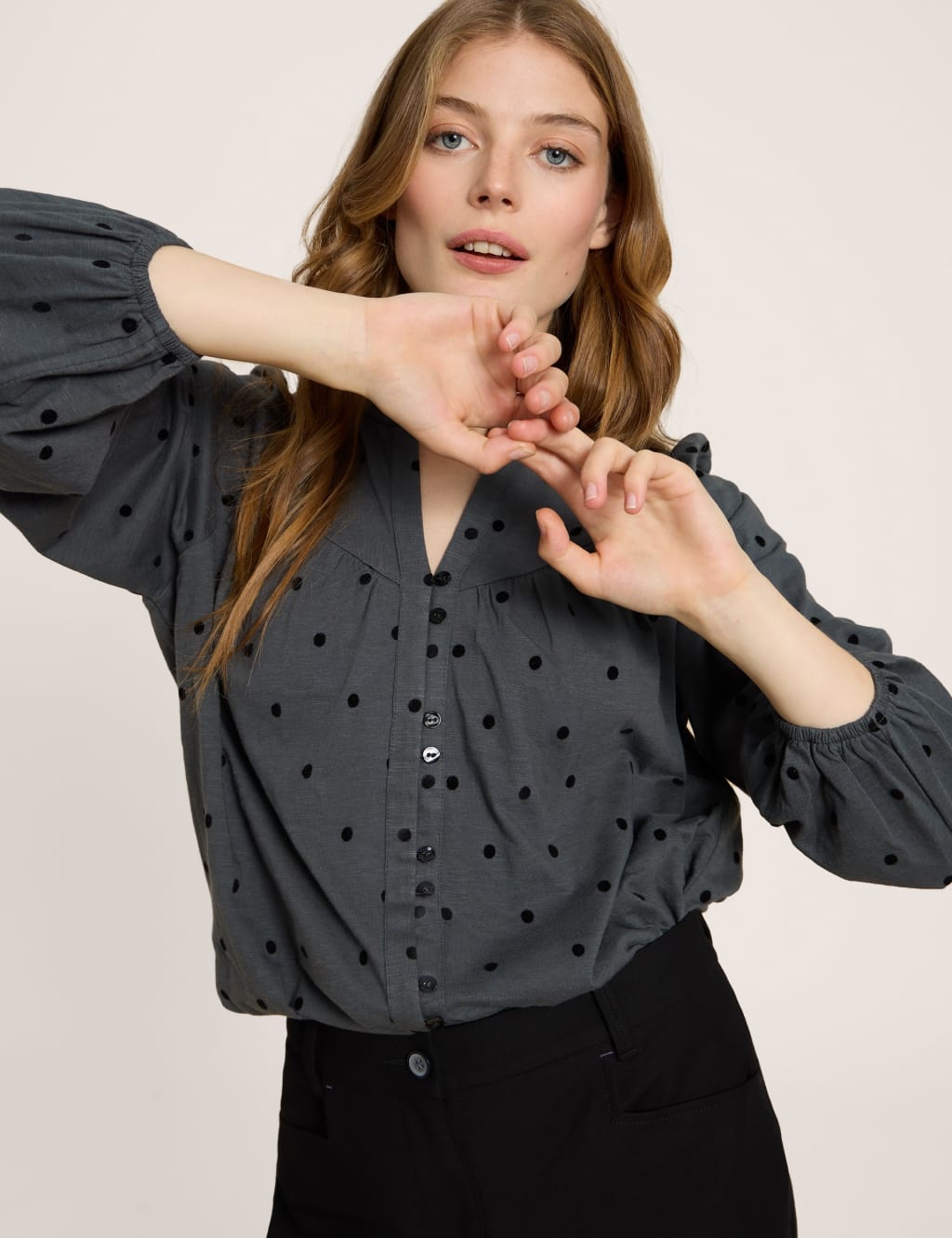 Pure Cotton Polka Dot Notch Neck Blouse image 4