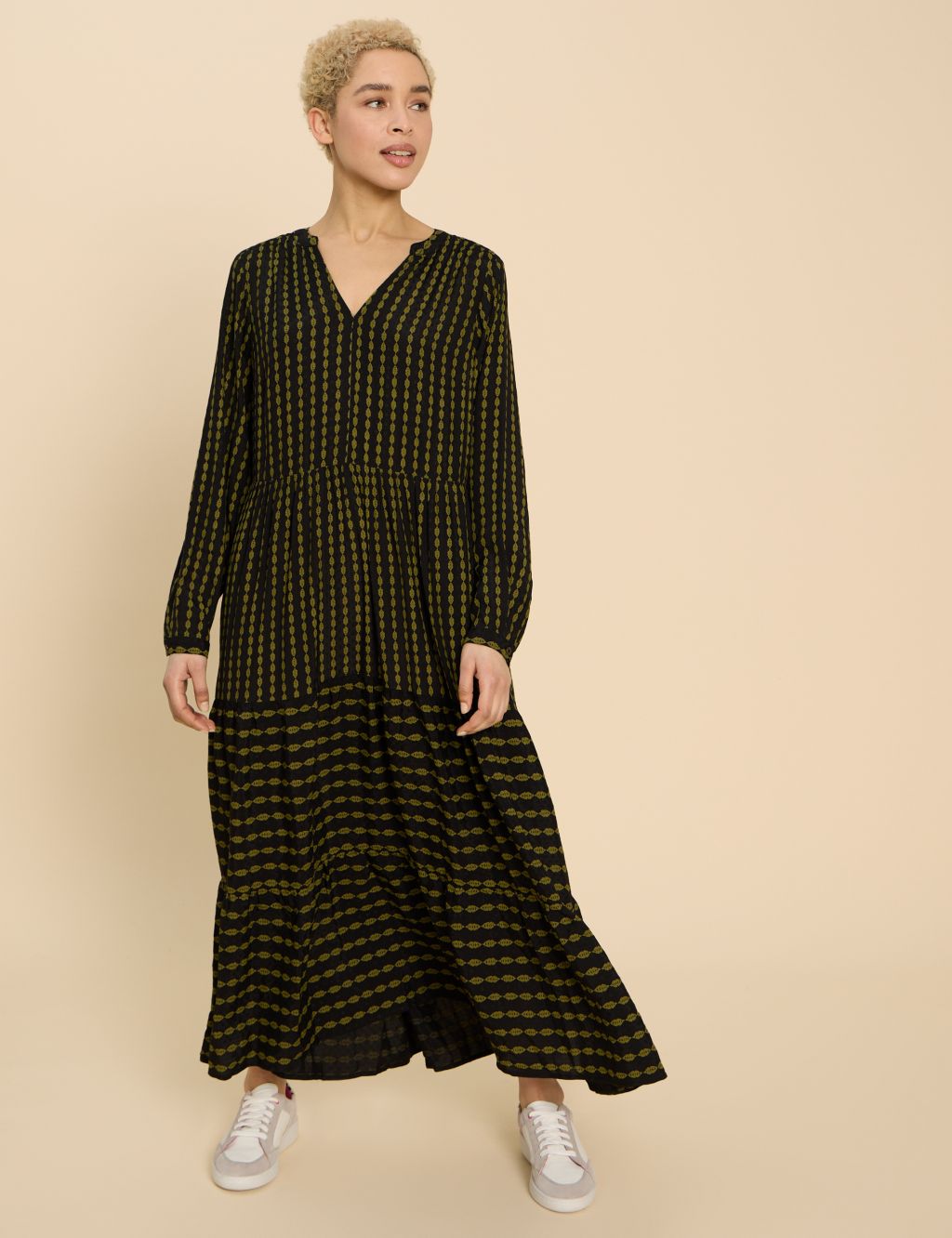 Linen Rich Printed Maxi Tiered Dress