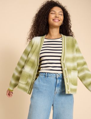 White Stuff Womens Striped Button Through Cardigan with Wool - 8 - Green Mix, Green Mix