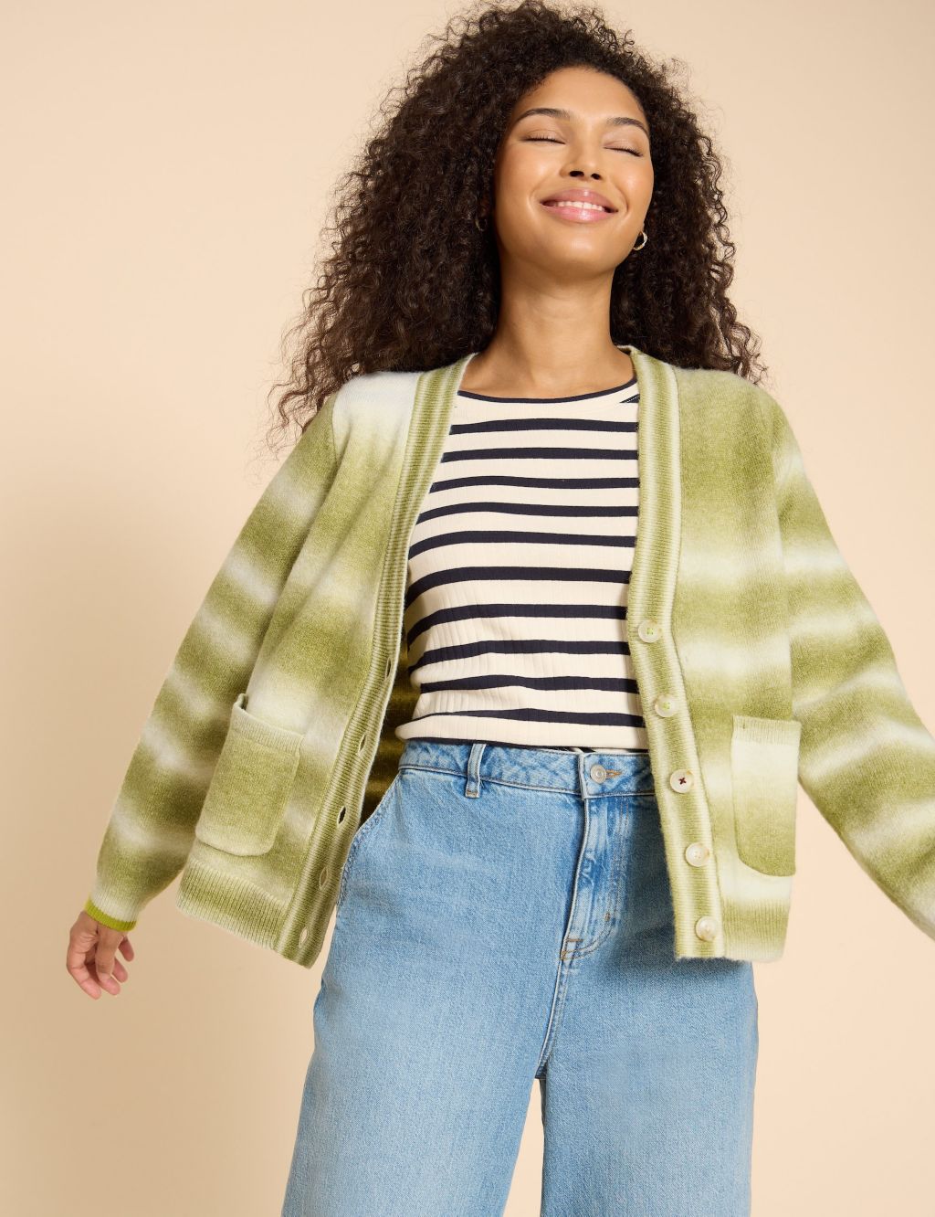 Striped Button Through Cardigan with Wool