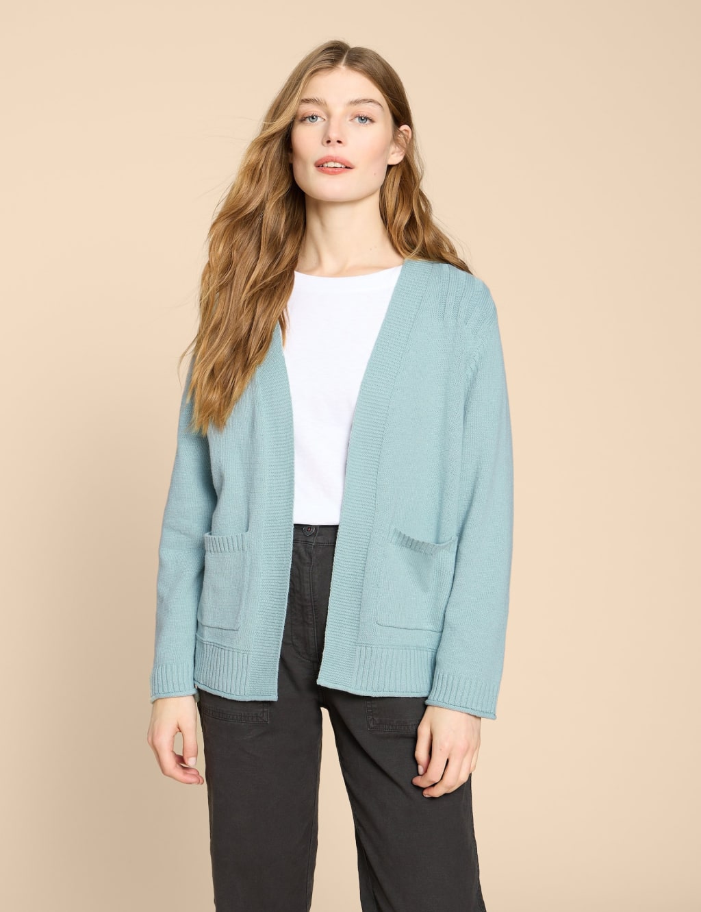 Cotton Blend Textured Open Neck Cardigan