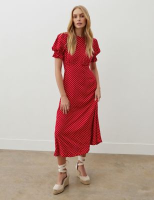 Finery London Womens Polka Dot Midi Tea Dress - 16 - Red Mix, Red Mix,Navy Mix