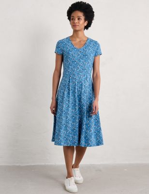 Seasalt Cornwall Womens Jersey Floral V-Neck Knee Length Waisted Dress - 10REG - Blue Mix, Blue Mix