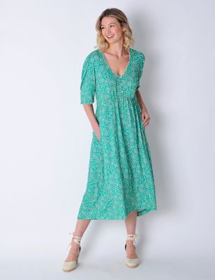 Burgs Women's Cotton Rich Ditsy Floral V-Neck Midi Smock Dress - 10 - Green Mix, Green Mix