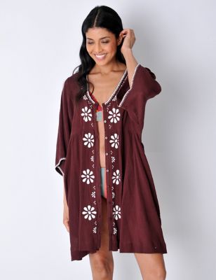 Burgs Women's Pure Cotton Embroidered Mini Kaftan Dress - 8 - Brown Mix, Brown Mix