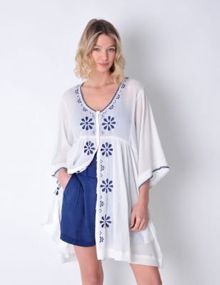 Burgs Womens Pure Cotton Embroidered Mini Kaftan Dress - 10 - White Mix, White Mix