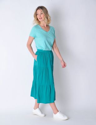 Burgs Women's Pure Cotton Textured Midaxi Tiered Skirt - 8 - Green, Green