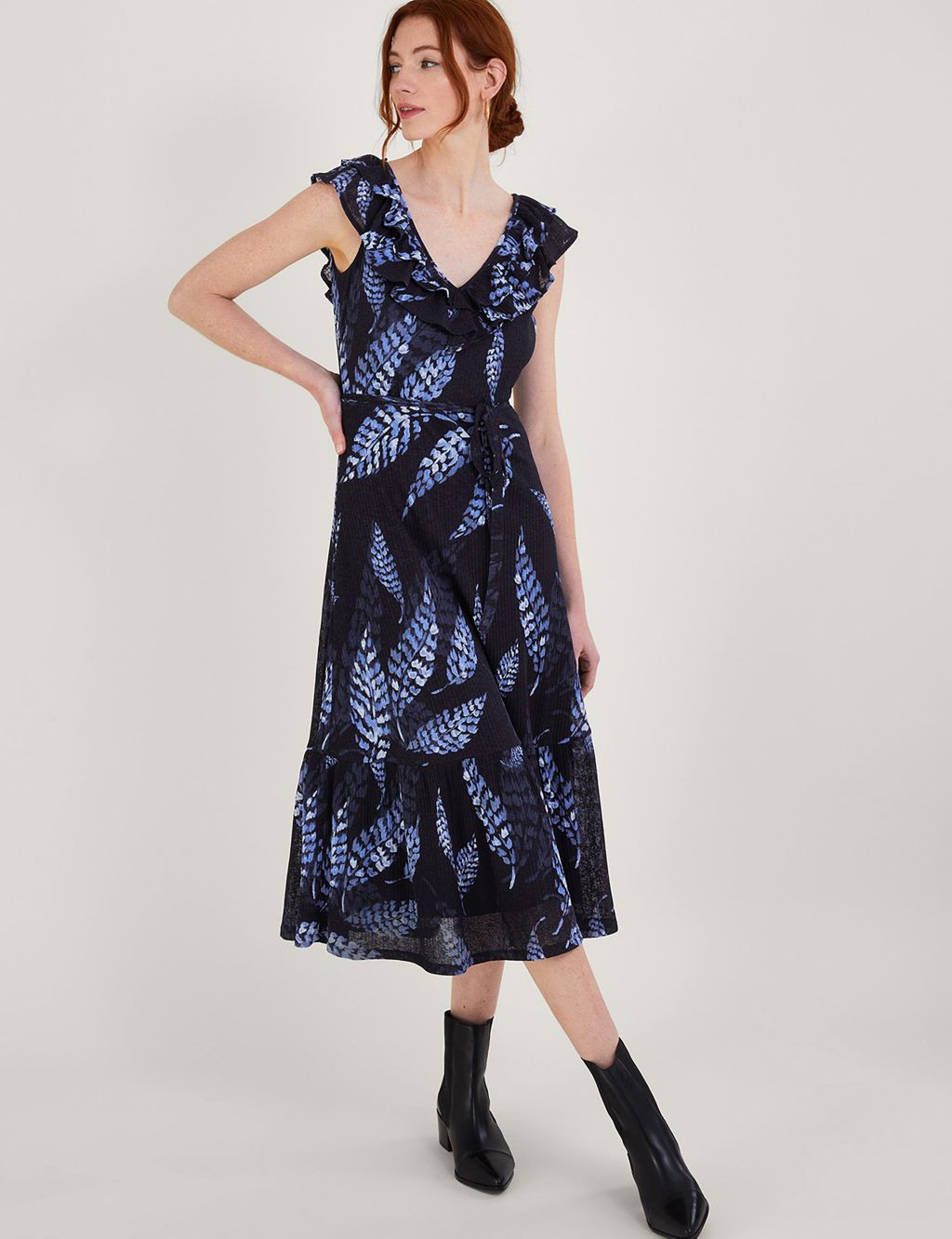 Jersey Leaf Print V-Neck Midi Waisted Dress image 1