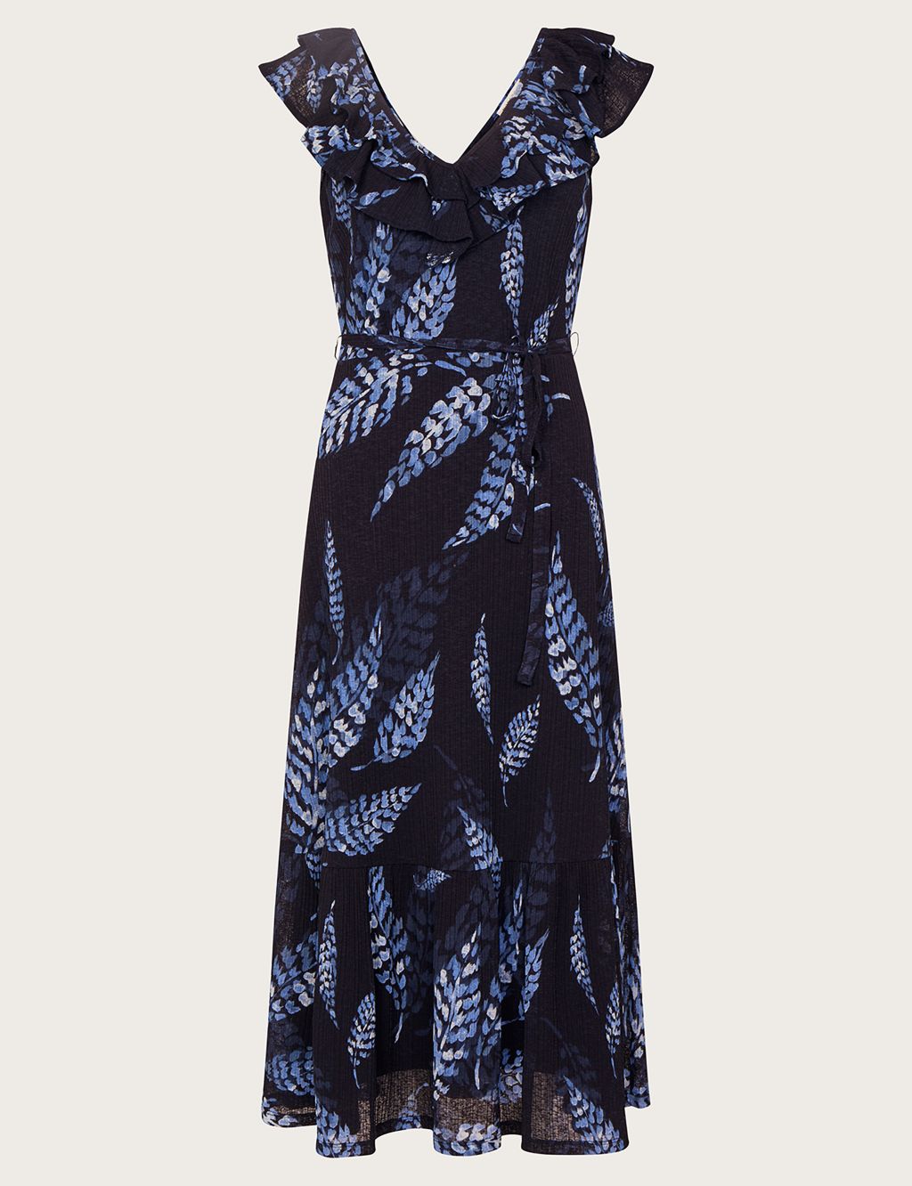 Jersey Leaf Print V-Neck Midi Waisted Dress image 2