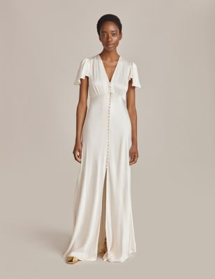 Ghost Womens Satin V-Neck Maxi Waisted Dress - Ivory, Ivory