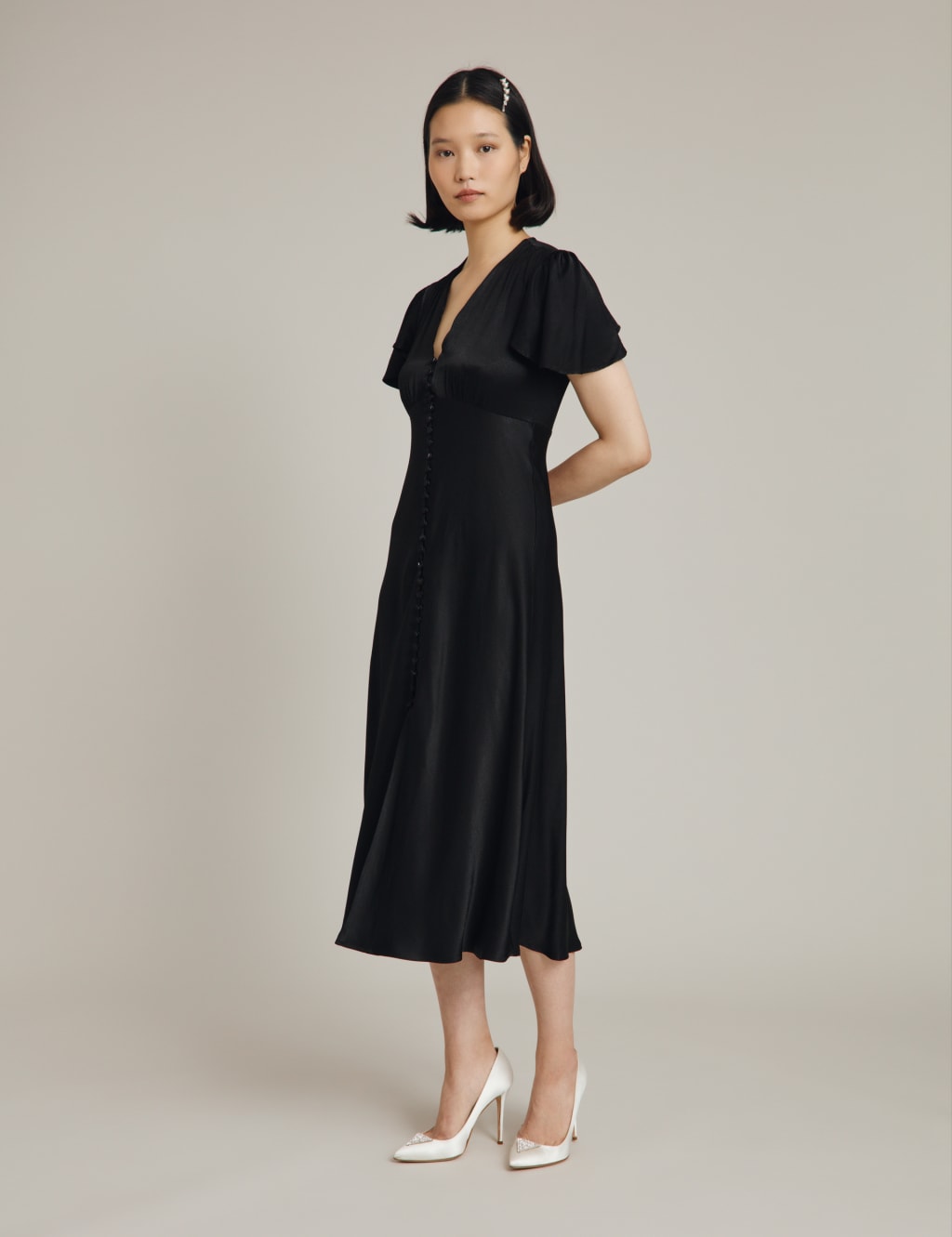 Satin V-Neck Midi Waisted Dress image 2