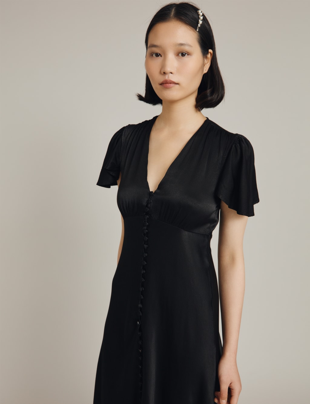 Satin V-Neck Midi Waisted Dress image 4