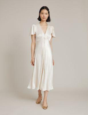 Ghost Womens Satin V-Neck Midi Waisted Dress - L - Ivory, Ivory