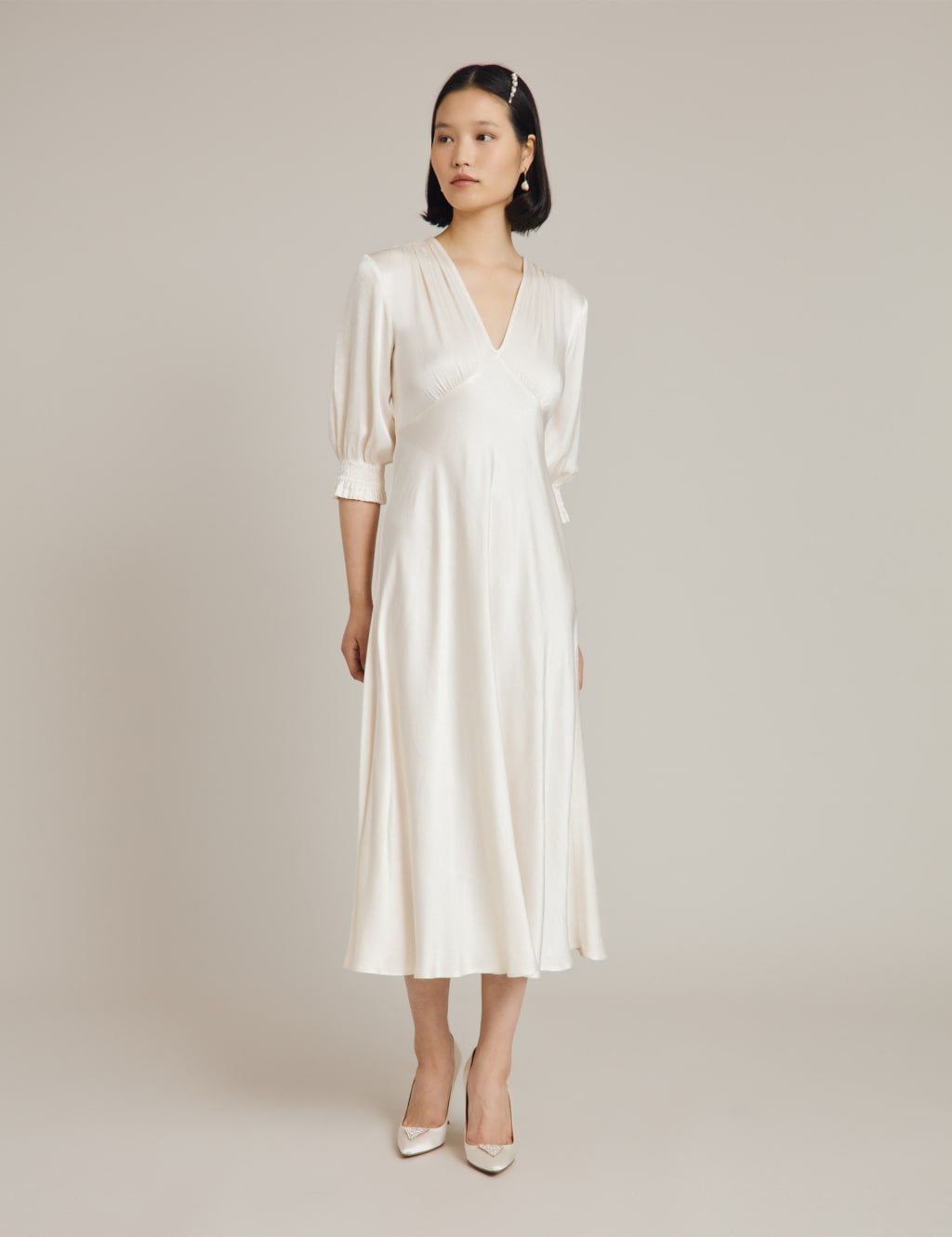 Satin V-Neck Midi Waisted Dress image 1