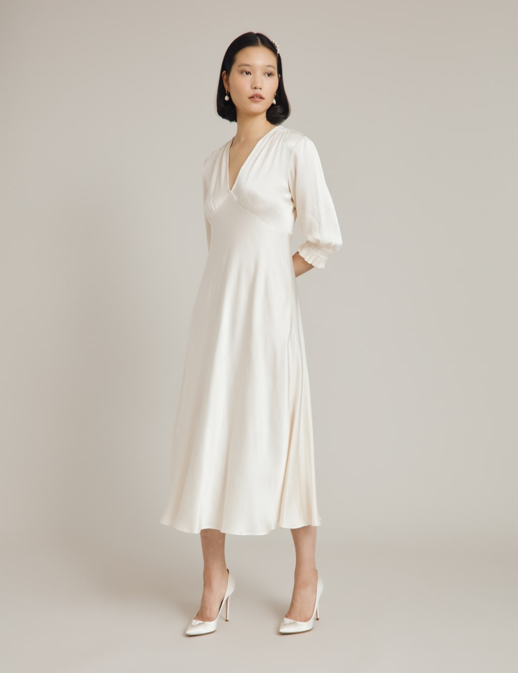 Satin V-Neck Midi Waisted Dress image 2
