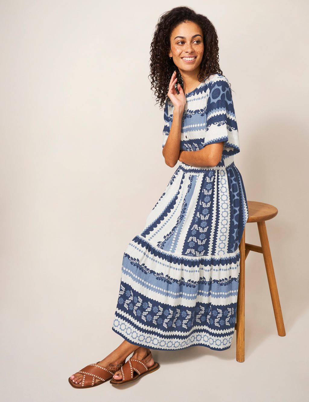 Linen Blend Printed Midi Tiered Dress image 1