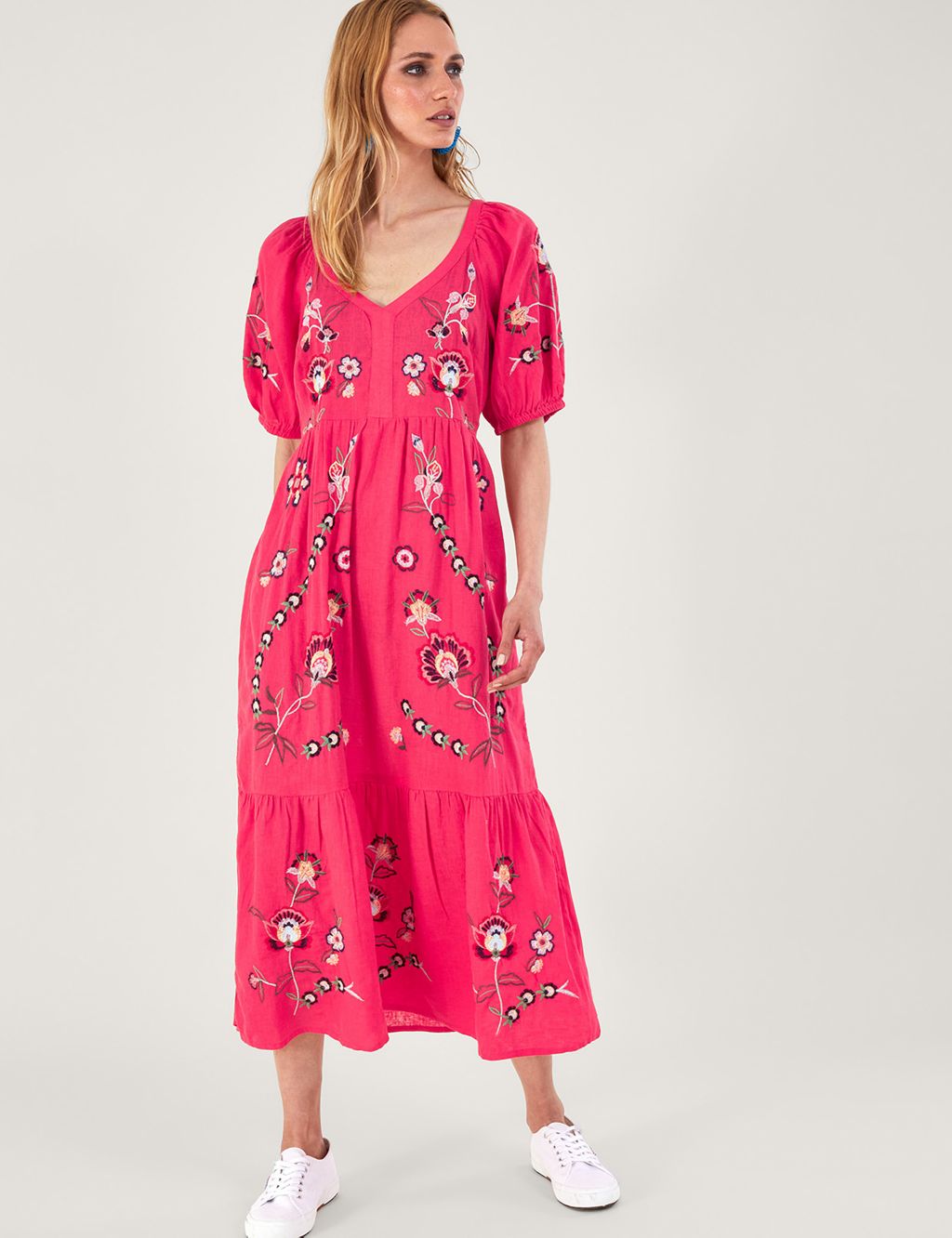 Linen Rich Embroidered Midi Smock Dress image 2