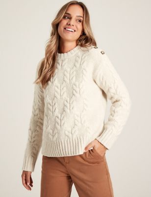 Joules Womens Cable Knit Crew Neck Button Detail Jumper - 6 - Cream, Cream,Pink