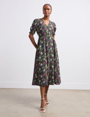 Finery London Womens Floral V-Neck Button Through Midi Tea Dress - 8 - Black Mix, Black Mix