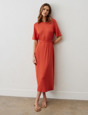 Finery London Womens Jersey Tie Waist Midaxi T-Shirt Dress - 8 - Orange, Orange,Khaki