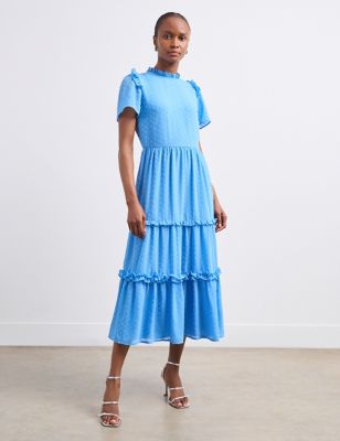 Finery London Womens Crew Neck Ruffle Midaxi Tiered Dress - 8 - Light Blue, Light Blue