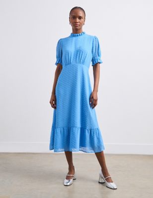 Finery London Womens Spot Print Puff Sleeve Midi Tiered Dress - 10 - Light Blue, Light Blue