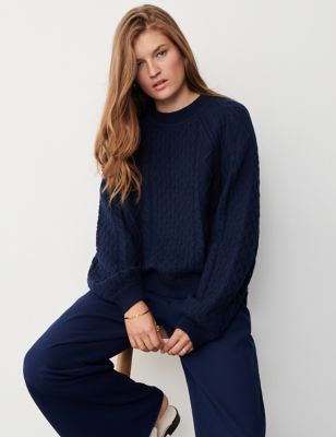 Finery London Womens Cable Knit Jumper with Merino Wool - 12 - Navy, Navy,Natural,Grey