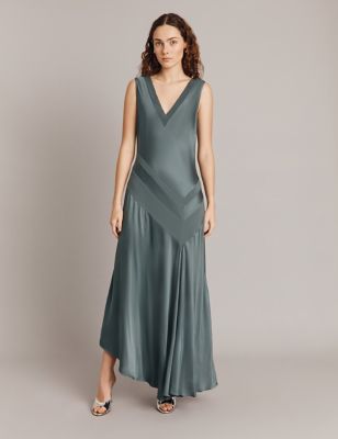 Ghost Women's Satin V-Neck Midaxi Drop Waist Slip Dress - XL - Grey, Grey