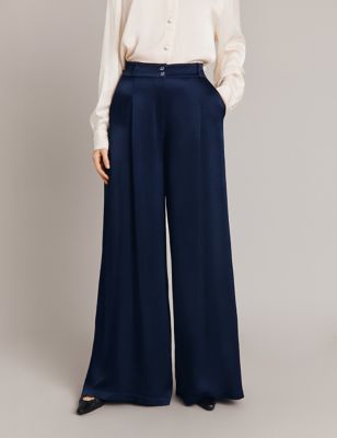 Ghost Womens Satin Pleat Front Wide Leg Trousers - Navy, Navy