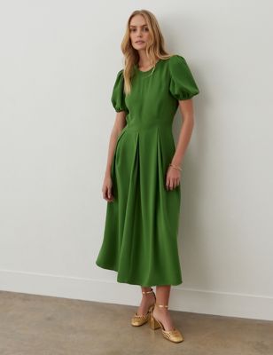 Finery London Womens Stain Crepe Puff Sleeve Midi Tea Dress - 10REG - Green, Green