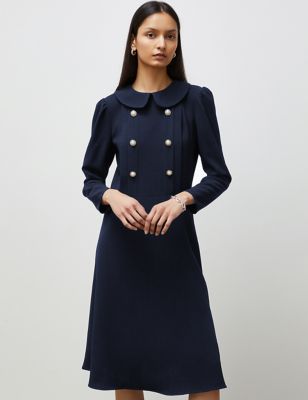 Finery London Women's Crepe Collared Button Detail Waisted Dress - 16 - Navy, Navy