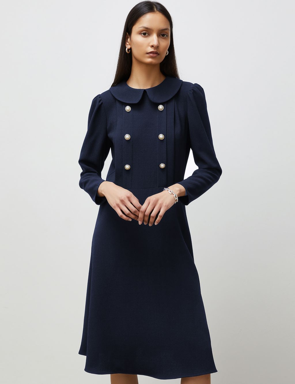 Crepe Collared Button Detail Waisted Dress