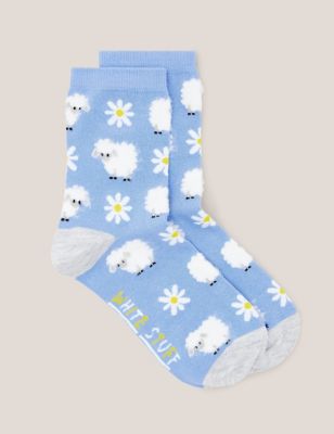 White Stuff Women's Cotton Rich Fluffy Sheep Ankle High Socks - 3-5 - Blue Mix, Blue Mix
