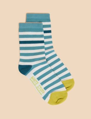 White Stuff Womens Cotton Rich Striped Ankle High Socks - 3-5 - Blue Mix, Blue Mix