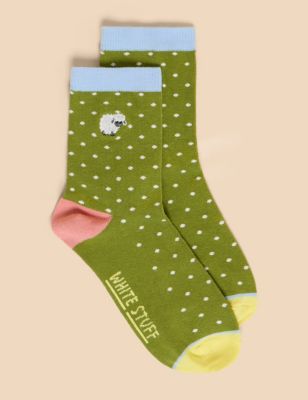 White Stuff Womens Cotton Rich Embroidered Sheep Ankle High Socks - 3-5 - Green Mix, Green Mix