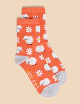 White Stuff Womens Cotton Rich Sheep Ankle High Socks - 3-5 - Red Mix, Red Mix