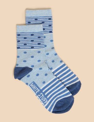 White Stuff Womens Cotton Rich Striped Ankle High Socks - 3-5 - Blue Mix, Blue Mix