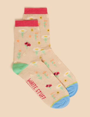 White Stuff Women's Cotton Rich Floral Ankle High Socks - 3-5 - Natural Mix, Natural Mix