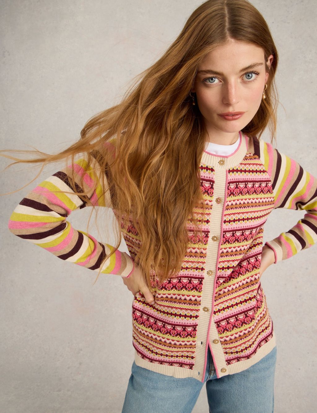 Pure Cotton Striped Fair Isle Cardigan