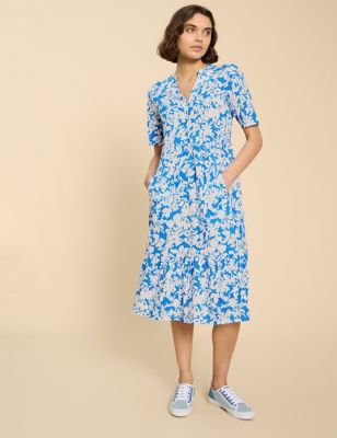 White Stuff Womens Jersey Floral Notch Neck Midi Tiered Dress - 10REG - Blue Mix, Blue Mix