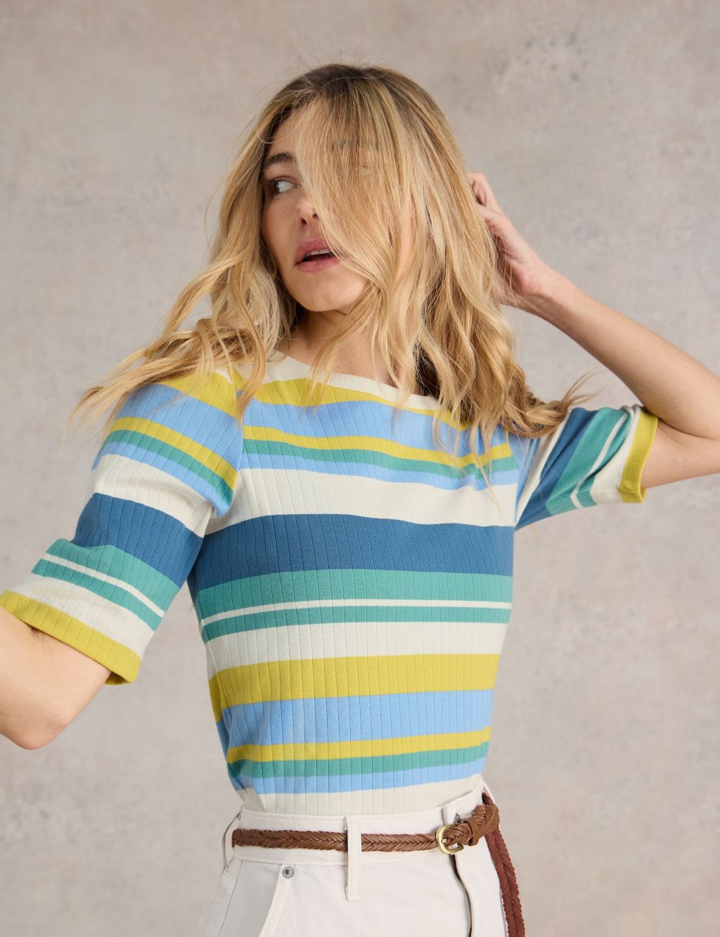 Pure Cotton Striped Puff Sleeve T-Shirt